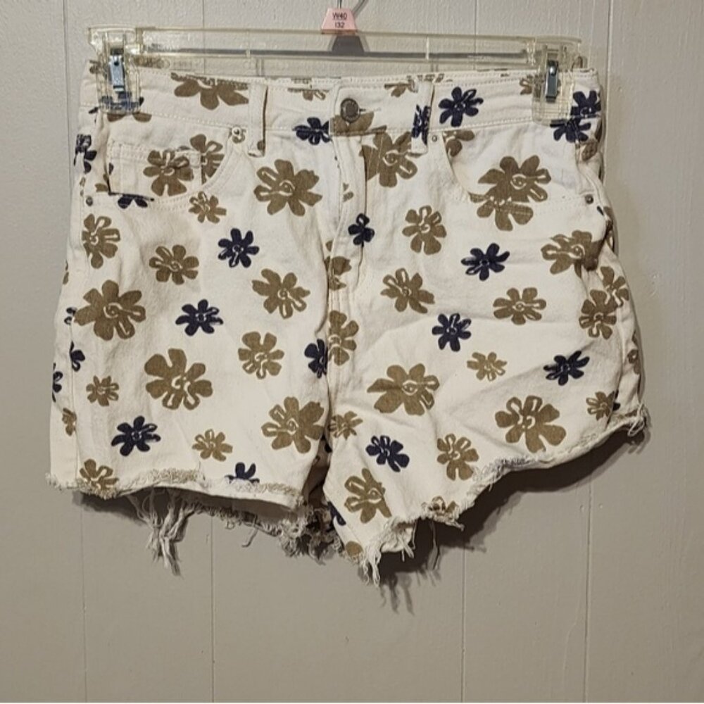 Khaki + Blue White Floral Shorts High Rise Raw Edge Rigid‎ Denim Size 9 29 A463